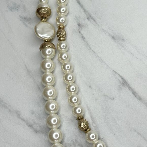 Chico's Layered Double Strand Chunky Faux Pearl Beaded Long Gold Tone Necklace - Picture 12 of 14